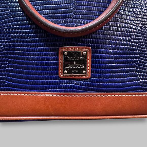 Dooney & Bourke Blue Embossed Leather Satchel Bag with Tan Trim - Picture 3 of 7